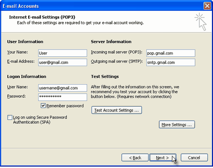 gmail pop account settings for outlook 2010