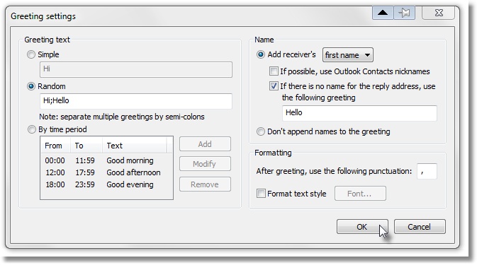 Greeting text message options